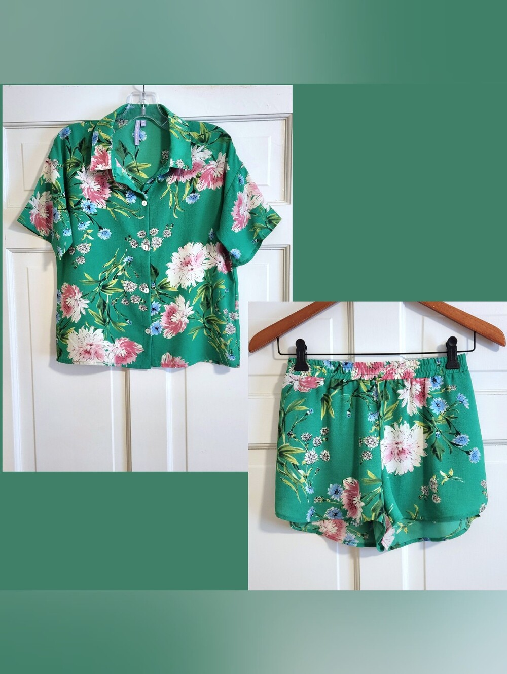 🌸Good Luck Girl🌸 - Green/Pink Floral Shirt/Short Set